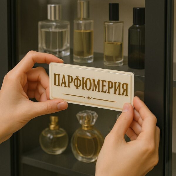 Девушка наклеивает выпуклую наклейку "парфюмерия" на витрину